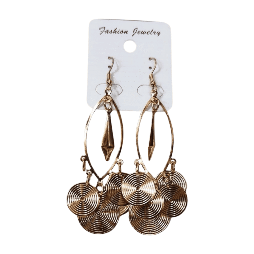 Gold Plated Spiral Disc Drop Earrings, 7.5 cm Chandelier Design with Fish Hook Closure, Metal E02