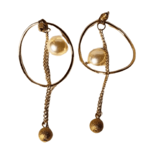Gold-Tone Pearl Drop Earrings with Chain and Sphere Detail, Hoop Design scope 01